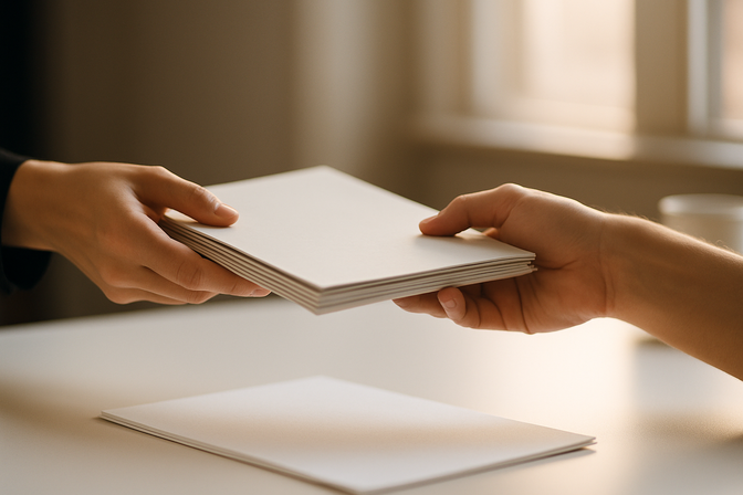 Two pairs of hands exchanging a folder of documents across a clean white desk