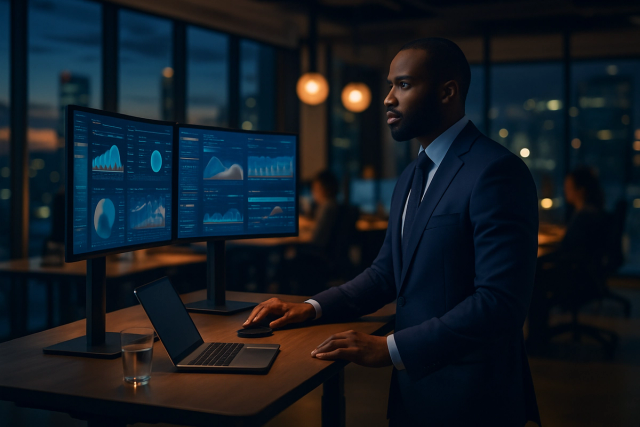 Professional working at a standing desk with multiple monitors in a modern open-plan office at dusk