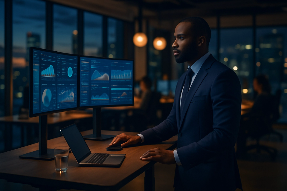Professional working at a standing desk with multiple monitors in a modern open-plan office at dusk