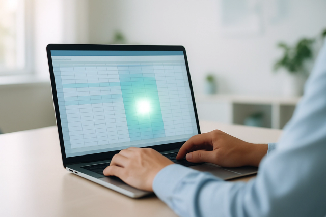 Person working confidently at a laptop with a spreadsheet open in a bright, modern office