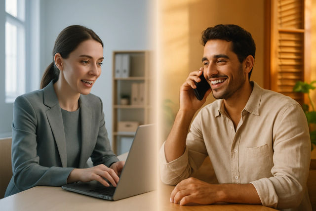 Two professionals in different locations speaking through video and phone calls, connected across a digital divide
