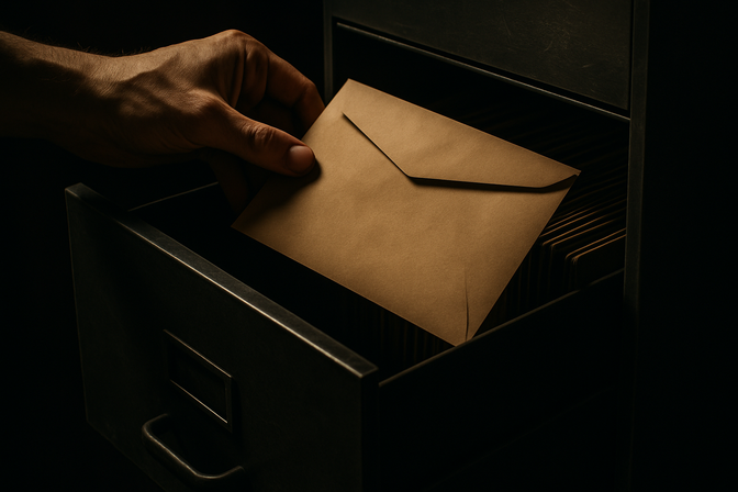 Hand placing a sealed envelope into a metal filing cabinet drawer with organized folders inside