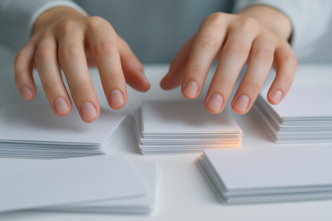 Hands sorting and grouping paper documents into neat stacks on a white surface