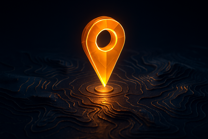 Glowing golden map pin anchored to a topographic map surface, symbolizing verified geographic data storage location