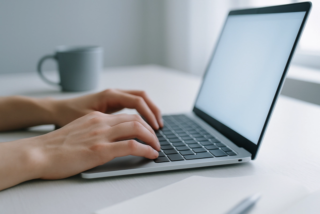 Hands typing on a sleek laptop on a clean modern desk with a coffee cup and notebook nearby