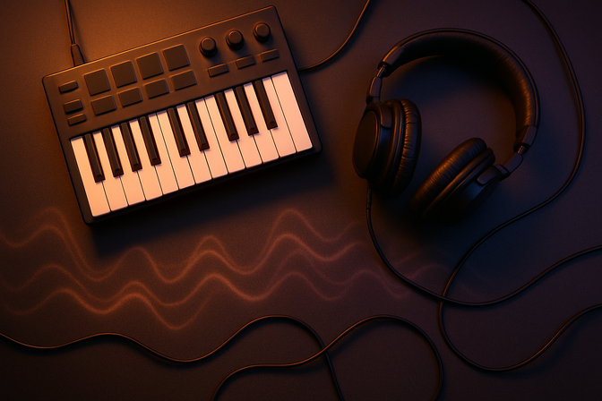 Top-down view of a music production desk with a MIDI keyboard and headphones
