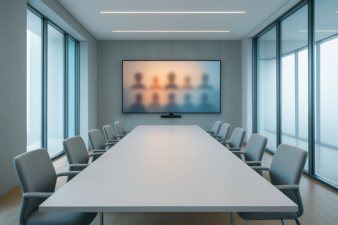 Empty modern conference room with a glowing display screen and ergonomic chairs around a sleek table