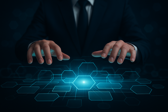 Professional's hands hovering over a glowing translucent control panel with interconnected geometric shapes