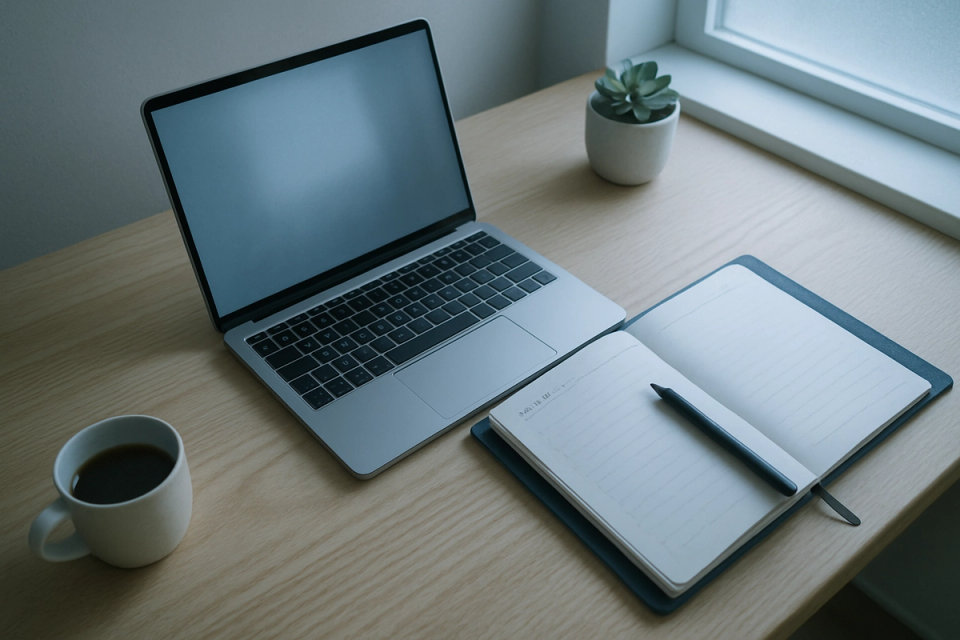 Aerial view of a minimalist desk with an open laptop, planner, and coffee cup in a clean workspace