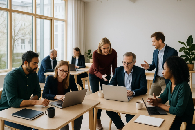 Team samarbeider rundt laptoper om digital strategi og IT-løsninger.