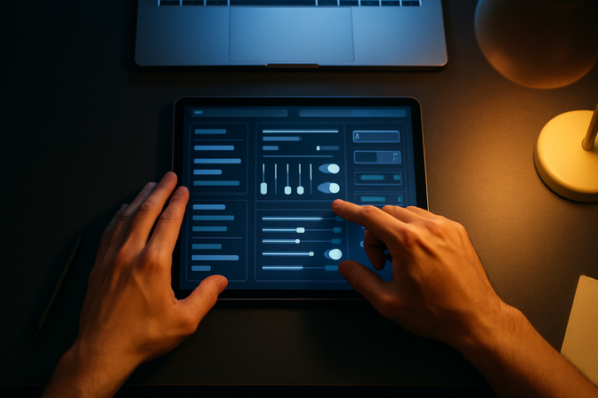 IT administrator's hands interacting with a tablet showing a configuration dashboard on a dark desk