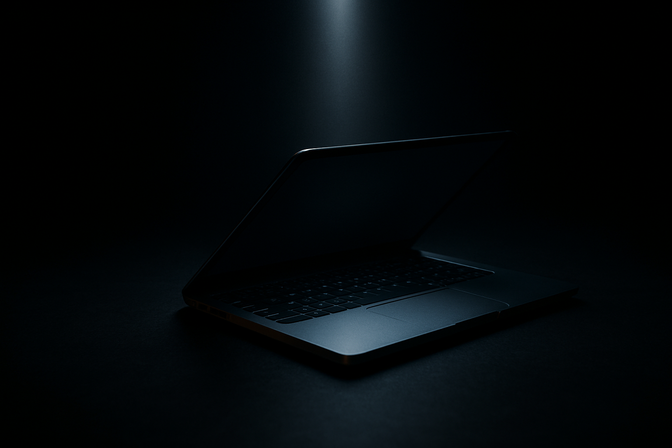 Close-up of a laptop on a dark desk illuminated by a single beam of light