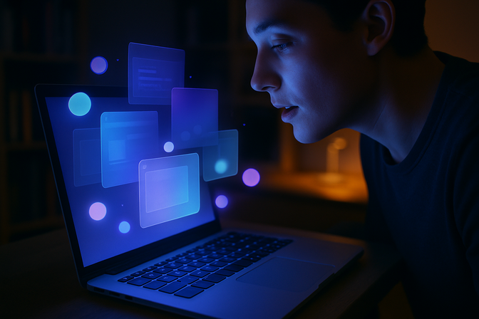 Person speaking toward a glowing laptop screen surrounded by floating translucent panels in a dim home office