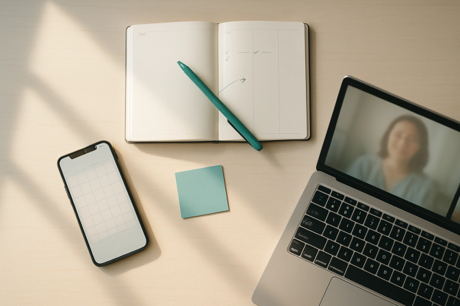 Aerial flat-lay of a planner, smartphone, and laptop arranged on a minimalist Scandinavian desk