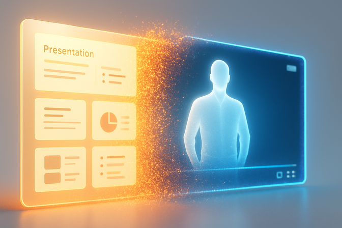 Presentation slides morphing into a video frame with a glowing human silhouette as narrator