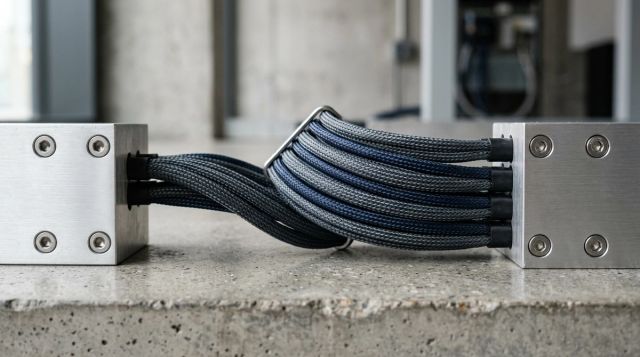 Nærbilde av vevde datakabler koblet mellom to børstede metallmoduler på en betongflate.