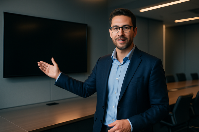 A manager in business-casual attire gesturing toward a wall-mounted display in a modern corporate meeting room