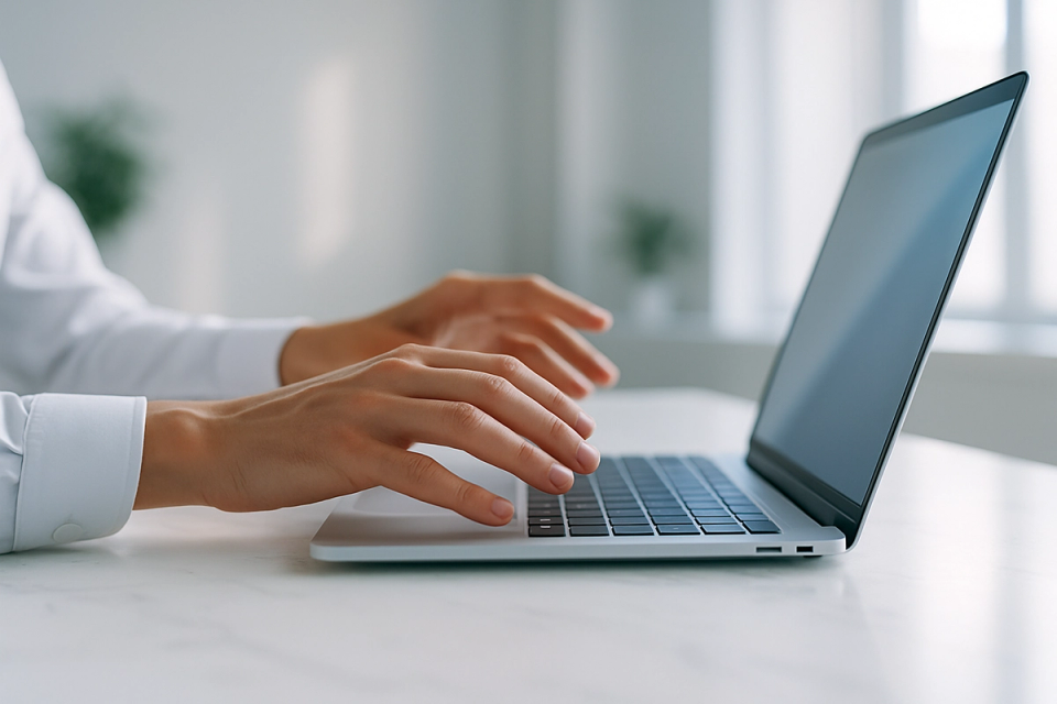 Person's hands hovering over a sleek laptop keyboard in a bright, minimalist office workspace