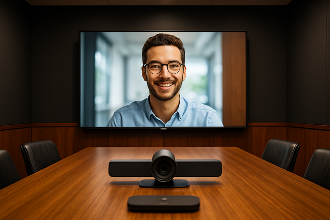 Modern meeting room with wall-mounted display showing a HD video call participant and conference hardware on table