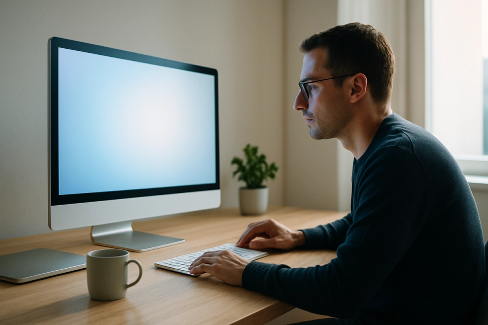 Professional working at a minimal desk with a glowing monitor in a bright, modern workspace