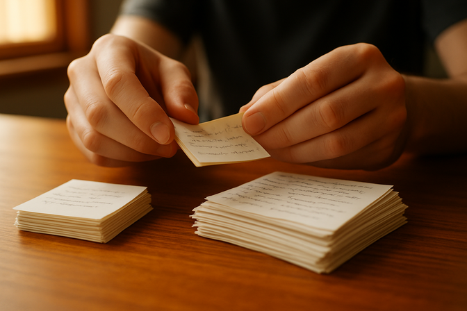 Hands sorting handwritten flashcards into two piles on a wooden desk