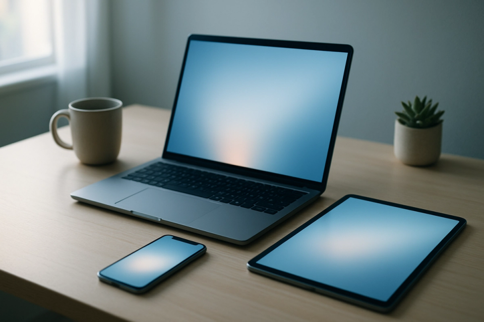 Minimalist desk setup with laptop, tablet, and smartphone in soft natural light
