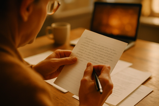Teacher's hands holding a student assignment paper and pen with a glowing screen in the background