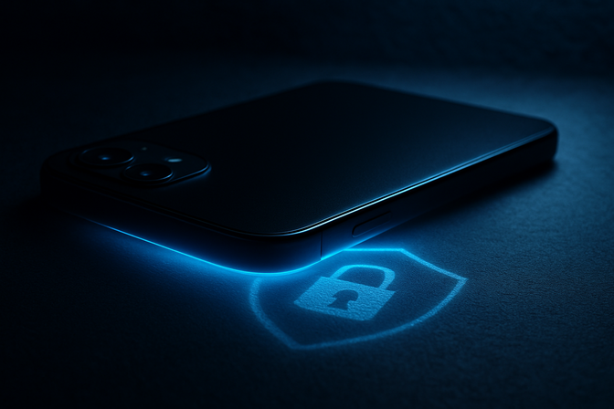 Smartphone on dark desk with blue glowing edges suggesting digital encryption and security