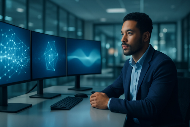 IT professional working at a multi-monitor desk in a modern corporate office