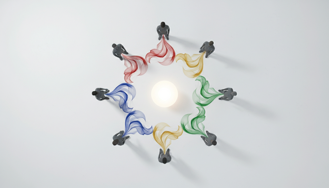 Diverse human silhouettes arranged in a circle with colorful sound waves converging at the center