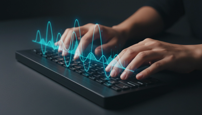 Hands typing on a keyboard with abstract sound wave visualizations rising upward