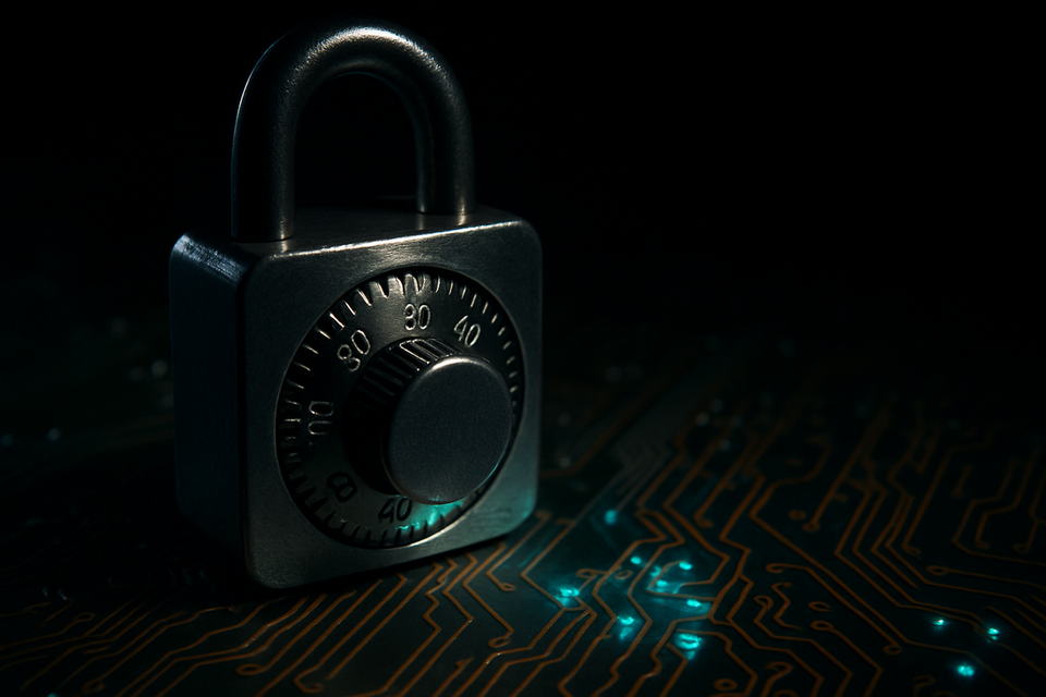 Secure combination padlock on a circuit board, symbolizing cybersecurity, data protection, and digital privacy.