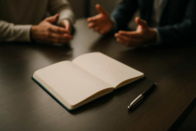 Open notebook with untouched pen on a conference table, hands gesturing in conversation in the background