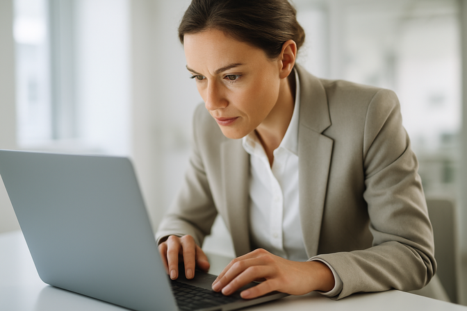 Professional person leaning attentively toward a laptop screen, hands on keyboard, in a bright modern office