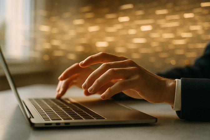 Professional hands hovering over a laptop keyboard with a blurred warm light background suggesting digital information.