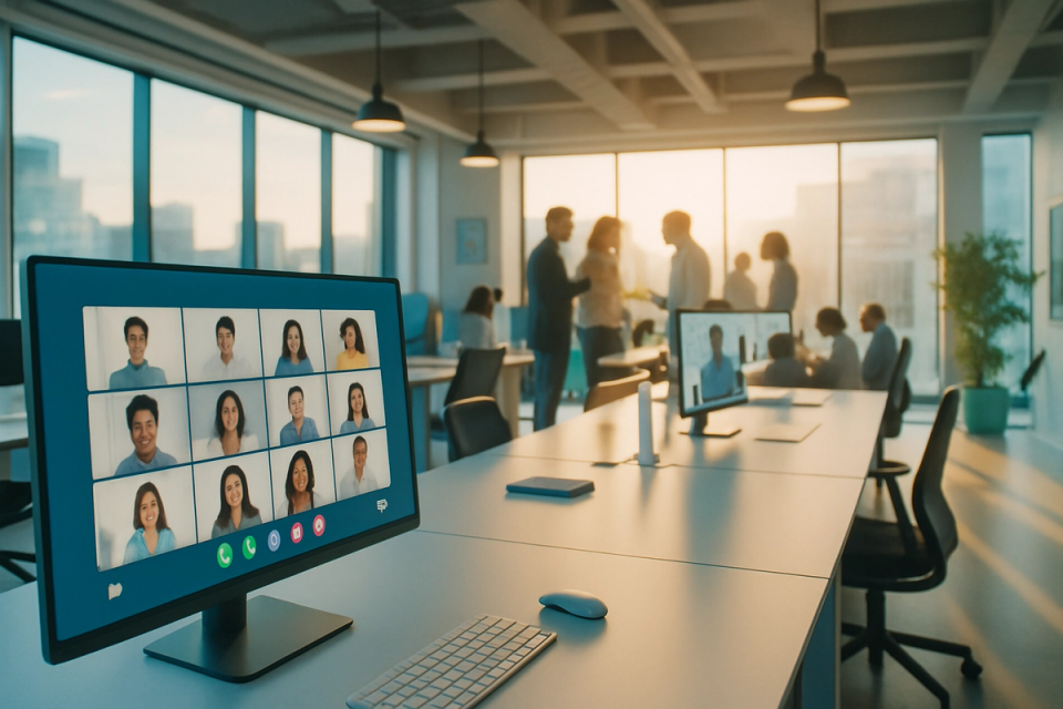 Modern open-plan office with large monitors showing video call interfaces and professionals collaborating
