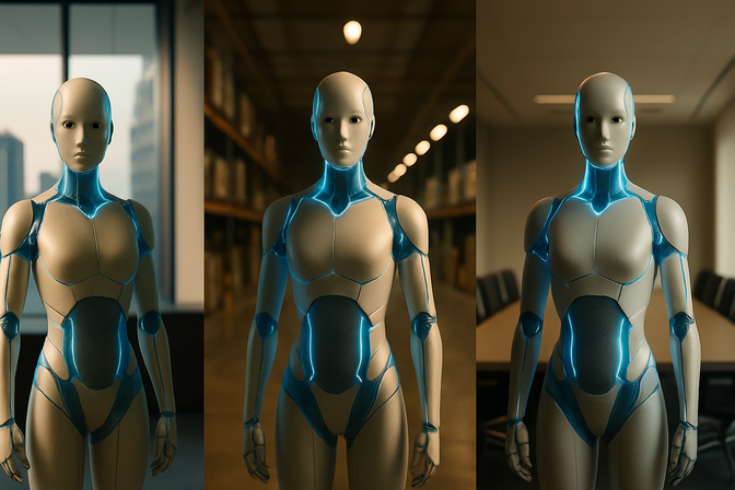 Humanoid AI avatar appearing consistently across a corporate office, warehouse, and conference room setting