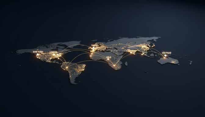 Illuminated world map with glowing golden arcs connecting major cities across time zones