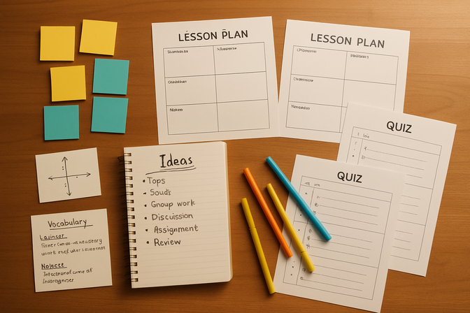 Flat-lay of a teacher's desk with colorful sticky notes, lesson plans, a notebook, and quiz papers