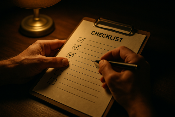 Hands holding a clipboard with a printed checklist, pen mid-check under warm desk lamp light