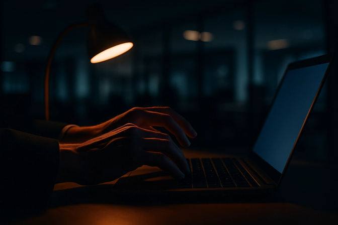 Person's hands hovering over a laptop keyboard under a focused desk lamp in a dimly lit office