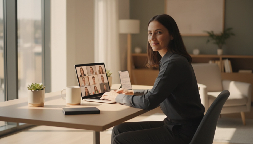 Professional working at a minimal desk on a laptop during a video call, with soft natural window light