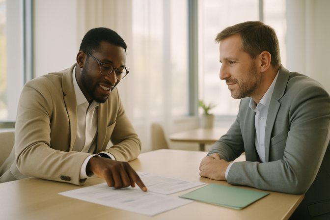 Two professionals sitting across a table in a bright meeting room, reviewing shared documents together