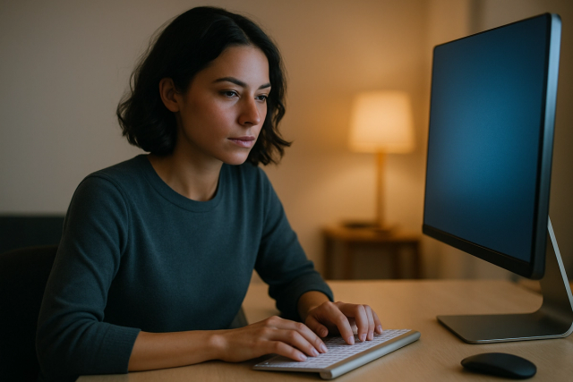 Professional working at a minimal desk with a glowing monitor, warm office lighting reflecting on their face
