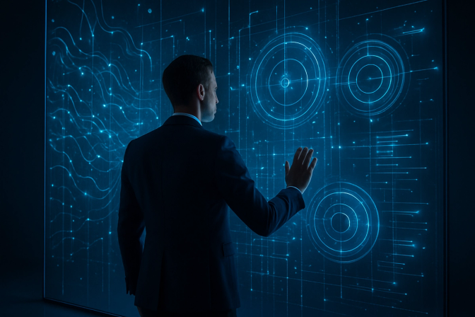 Business professional standing before a glowing transparent glass wall displaying abstract data visualizations