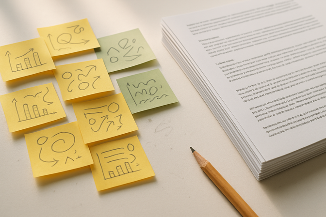 Scattered handwritten sticky notes flowing into a neat stack of organized printed pages on a white surface