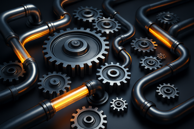 Abstract 3D render of interconnected mechanical gears and pipelines with silver and orange accents