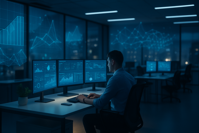 Professional working at a minimalist multi-screen desk in a modern open-plan office with glowing data visualizations