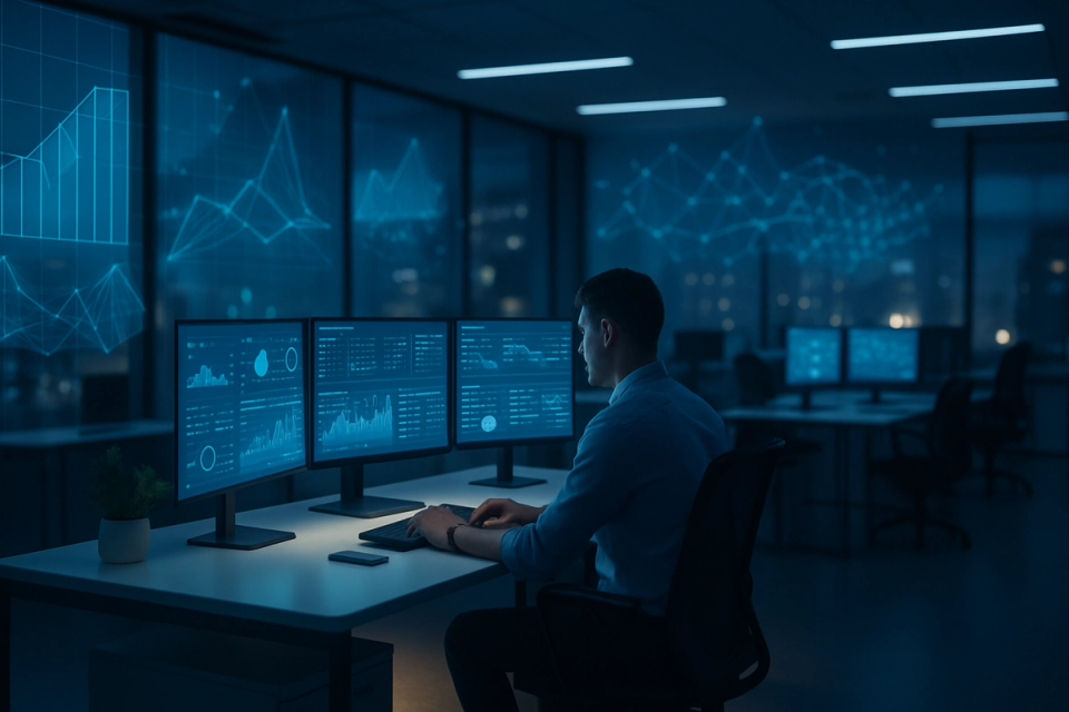 Professional working at a minimalist multi-screen desk in a modern open-plan office with glowing data visualizations