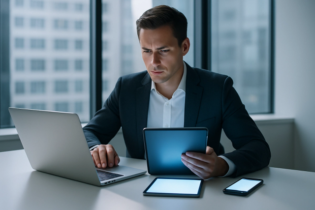 Professional in a blazer working across laptop, tablet, and smartphone at a minimalist desk near a large window